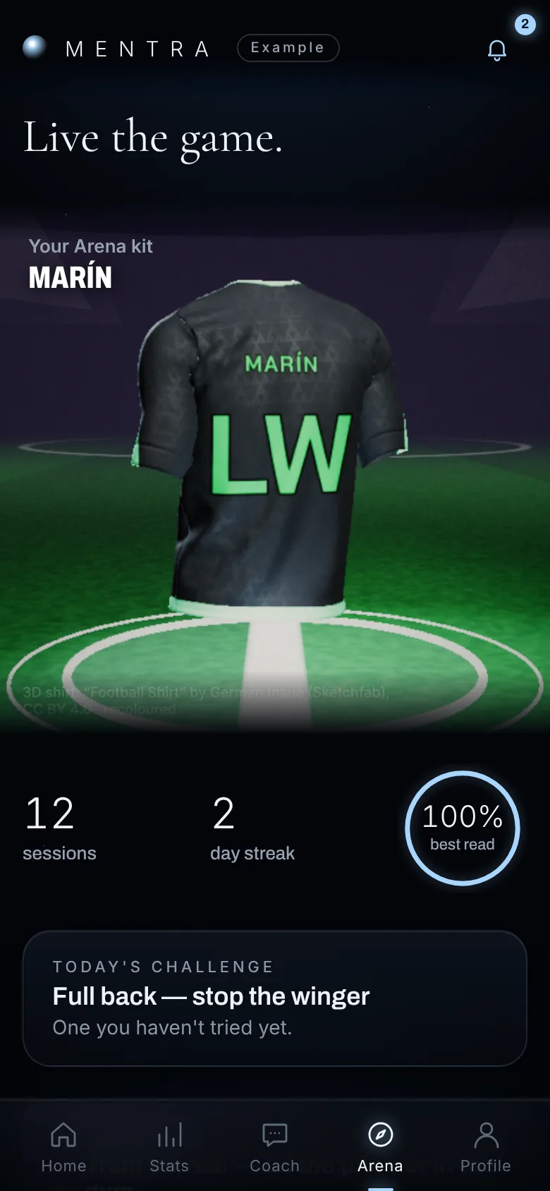 The Arena screen: Arena kit, sessions, streak and today's challenge